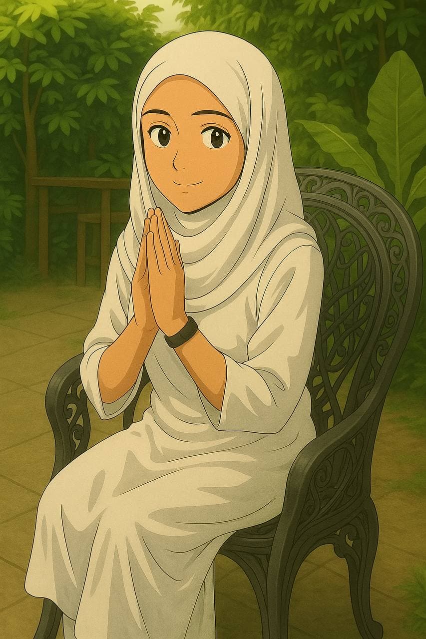 Woman in hijab praying in a garden setting